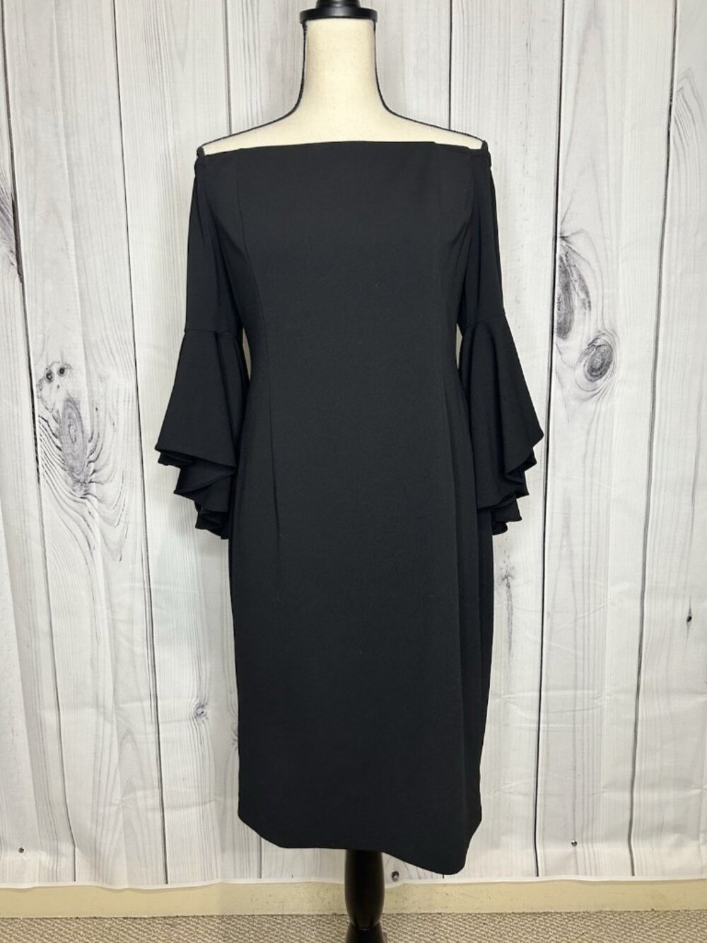 Calvin Klein Womens Sz 12 Dress Black Sheath Bell Sleeve Lined Off Shoulder